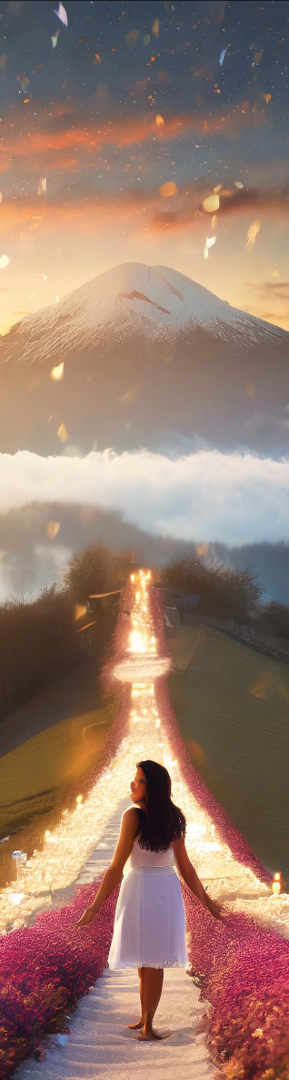 Illustration d'une femme épanouie qui marche dans le sable entourée de fleurs roses, sur un chemin lumineux.