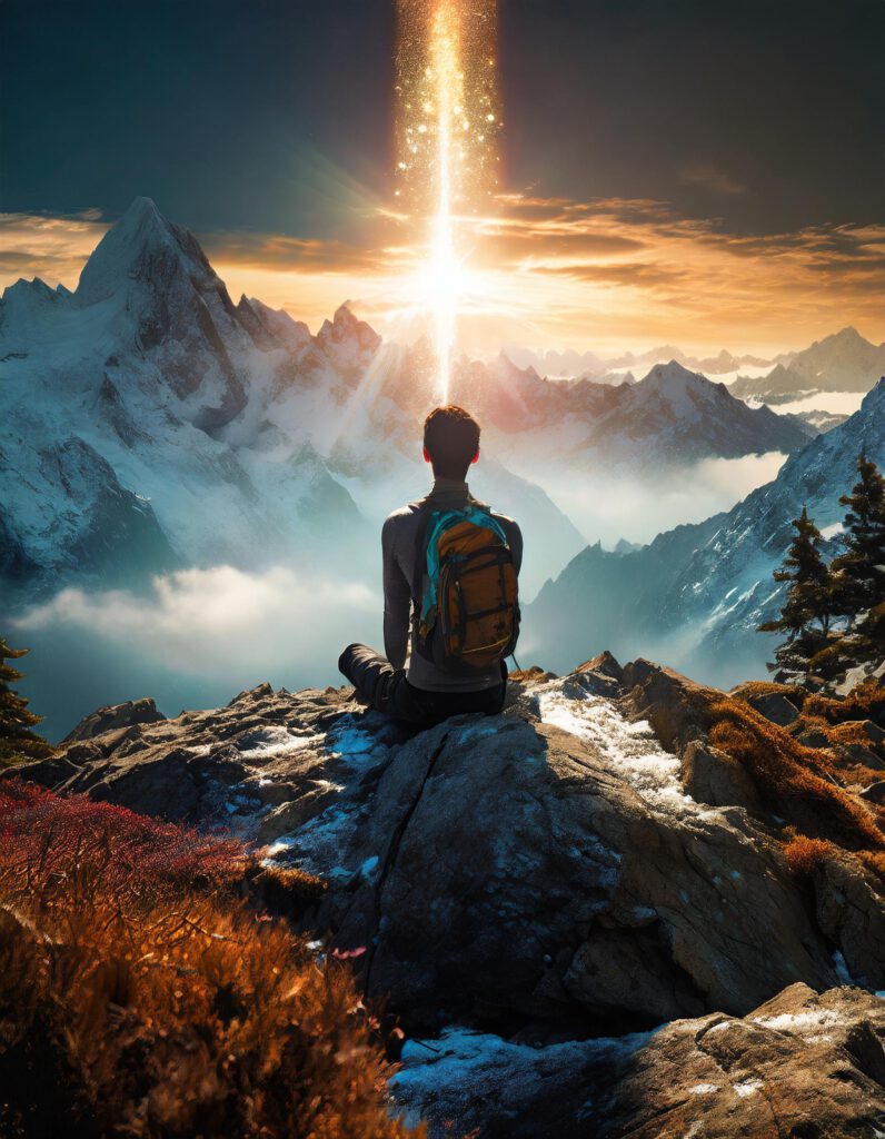 Illustration d'un homme qui se ressource en pleine nature profitant d'un lever de soleil